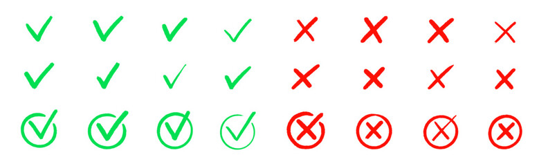 Check tick mark icon set. Cross box x check mark checkbox v list vector draw hand drawn sketch doodle brush marker checklist symbol wrong right circle. Vector Illustration