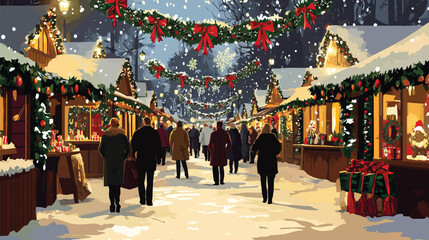 Festive Christmas Market Scene with Decorated Stalls, Christmas Market Stalls