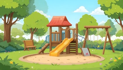 A vibrant illustration of a playground scene. Featuring a slide, swings, sandbox, and bench amidst trees under a bright blue sky.