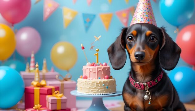 A dachshund wearing a party hat celebrates its first birthday with a cake and festive decorations.