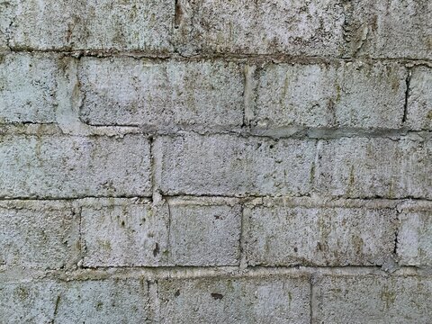 Wall made of white bricks with a greenish tint. The wall is covered in dirt and moss