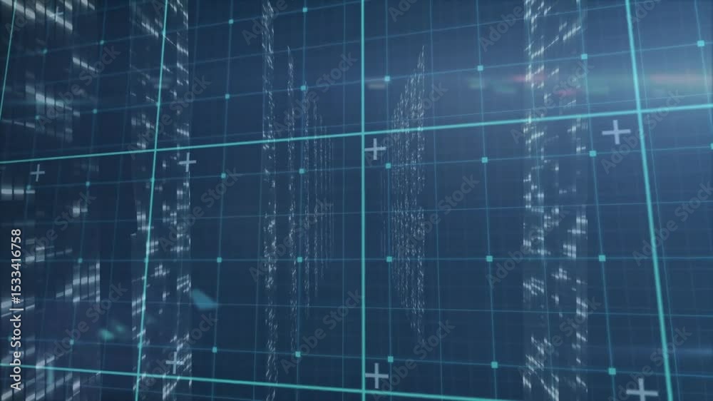 Poster 3d grid appearing triggers camera drifting forward while data columns shimmering showing data flow