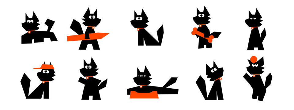 A playful set illustrations featuring a friendly black dog in various poses. Perfect for children's books, branding