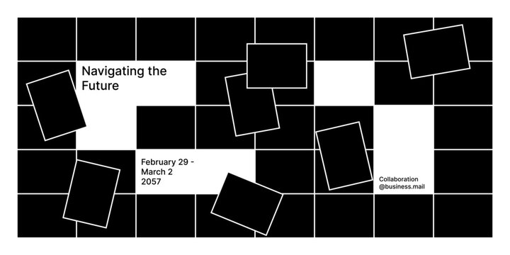 Minimalistic black-and-white abstract design featuring irregularly aligned rectangles and text promoting. Ideal for modern banners, event promotions, and digital campaigns.