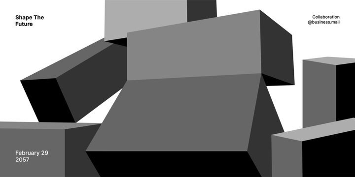 Abstract gray and black 3D geometric blocks arranged in a futuristic composition, symbolizing innovation and progress. Perfect for event branding, banners, and digital campaigns.