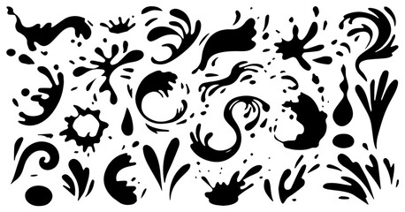 Splash water vector black set icon. Fresh droplet isolated black set icon. Vector illustration splash water on white background. Abstract Liquid Blot, Drip, Drop, Swirl, and Stain Silhouettes Design