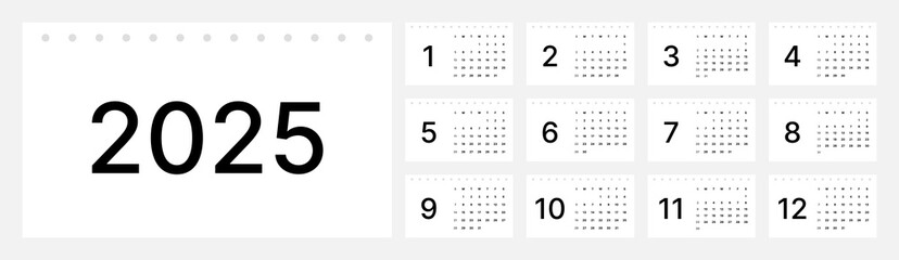 A minimalist 2025 calendar with a modern and elegant white and black design. In a simple format with clear numbers and neat layout, suitable for professional and decorative use.