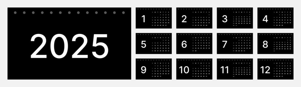 A minimalist 2025 calendar with a modern and elegant black and white design. In a simple format with clear numbers and neat layout, suitable for professional and decorative use.