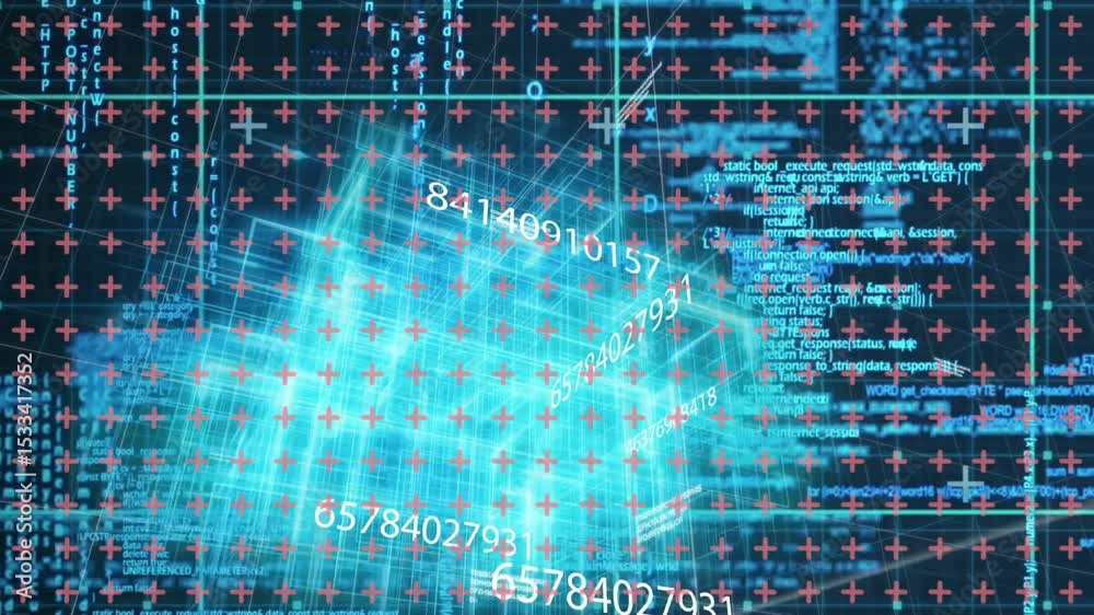 Aufkleber Every second teal wireframe box rotating and updating numbers while scrolling code for data display