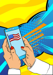 Cartoon Smartphone, comic book Telephone with American Flag. Retro vector comics pop art design. © noravector