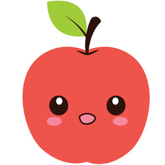 Red apple with a happy face and green leaf in kawaii style. Ideal for nutrition posters, kids’ designs, or healthy food illustrations.

