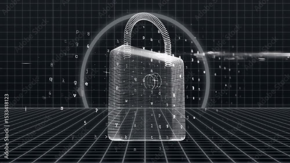 Poster fading grid starting particles forming 3d padlock while pulsing data stream securing network