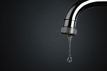 Close-Up of a Modern Faucet with a Single Water Drop on Dark Background