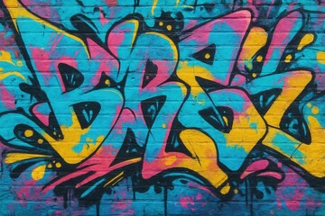 Naklejka premium Colorful street graffiti art on urban brick wall creating vibrant background texture