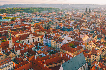 Aerial view of Prague old town during sunrise in Czech Republic