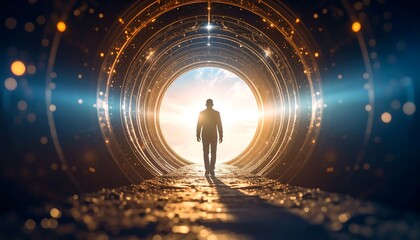 Person Walking Through Portal into Different Era with HDR Effect and Ambient Light in Artistic Scene