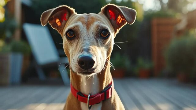 Portrait of a charming Whippet dog looking at the camera outdoors. Pet whippet with red collar.