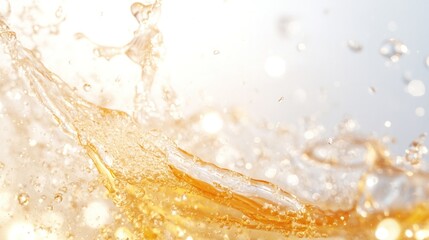 Close-up of refreshing drink splash with vibrant droplets against a bright background, creating a lively atmosphere.