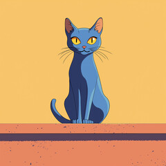 Blue cat sitting on a wall, vector illustration.