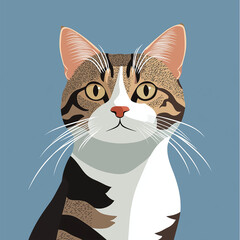 A charming illustration of a domestic cat, it showcases its striking eyes, detailed fur pattern, and distinctive whiskers against a backdrop. This artfully crafted illustration is perfect for designs.