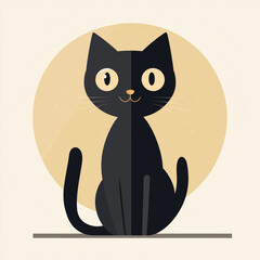 A charming cartoon black cat with a friendly expression, set against a warm, circular backdrop. This whimsical illustration captures the essence of feline sweetness and playful spirit.