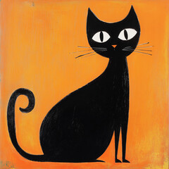 An abstract cat illustration features a sleek black feline poised against a vibrant orange backdrop. The image features bold lines, the minimalist approach suggests a touch of mid-century design.