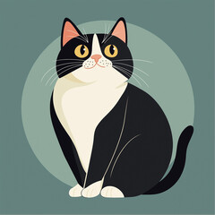 Charming tuxedo cat with golden eye sits elegantly against a backdrop of soft green circle, perfect for adding a touch of warmth to any project.