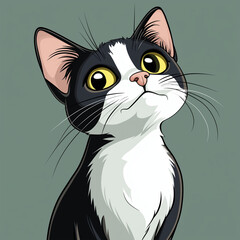 A charming cartoon cat with striking black and white fur, curious yellow eyes and a whimsical expression.