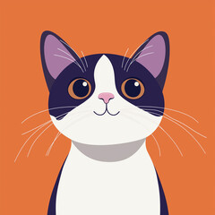 An adorable cat with striking tuxedo markings and big eyes, stands against a bright orange backdrop, exuding charm. 