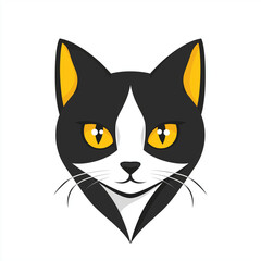 An elegant illustration of a domestic cat, rendered in a simplistic style, with black and white fur and striking yellow eyes. The graphic showcases a cat's head with a touch of artistic flair.
