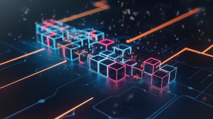 Fototapeta premium Neon Cubes on Circuit Board Illustration for Technology Concepts