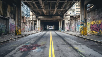 Empty urban freeway surrounded by graffiti-covered walls and industrial buildings, gritty and cinematic vibe.