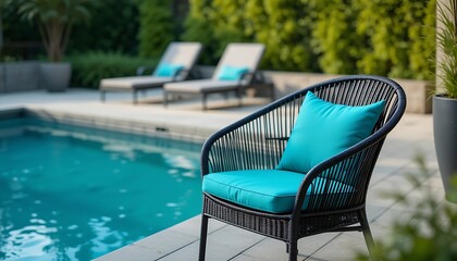Relaxing Wicker Chair by Swimming Pool with Turquoise Cushions