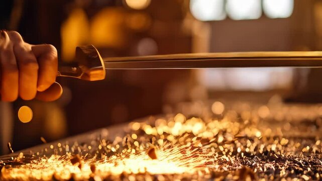 Forged steel sword held over glowing hot forge embers in blacksmithing workshop setting
