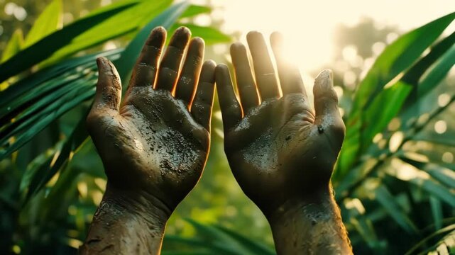 Close up of hands with mud reaching toward sunlight in lush green forest. Environment concept.