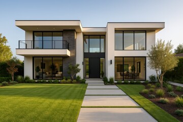 Fototapeta premium Beautiful Luxury Home Exterior with Green Grass Yard and Modern Architecture