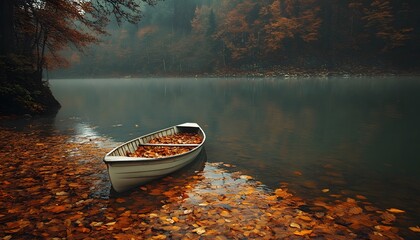 Fototapeta premium A peaceful scene of an autumnal lake with a rowboat.
