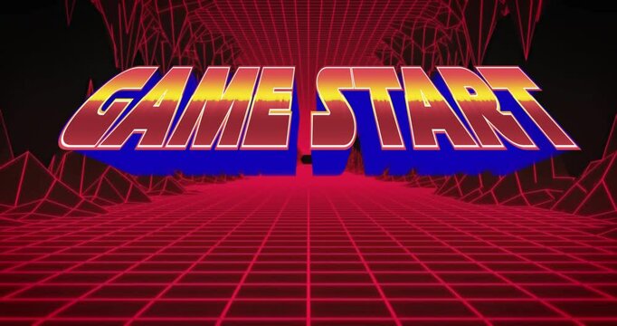 At start 3D GAME START text shifting into yellow-red gradient on wireframe grid marking game launch - Powered by Adobe