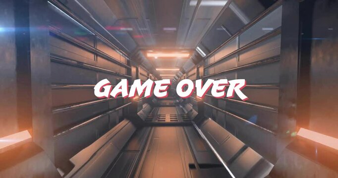 Rapid zoom initiating corridor drifting while GAME OVER text shrinking, sharpening signaling loop