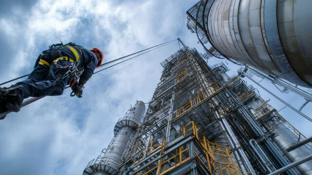 Industrial worker climbing scaffolding at a high-rise construction site with dramatic perspective and cloudy sky