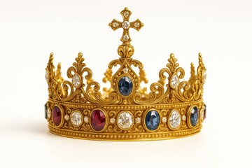 Fototapeta premium Isolated Gold Crown with Precious Gems on White Background