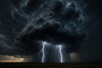 Dramatic thunderstorm approaching with ominous dark clouds and brilliant lightning bolts illuminating stormy sky