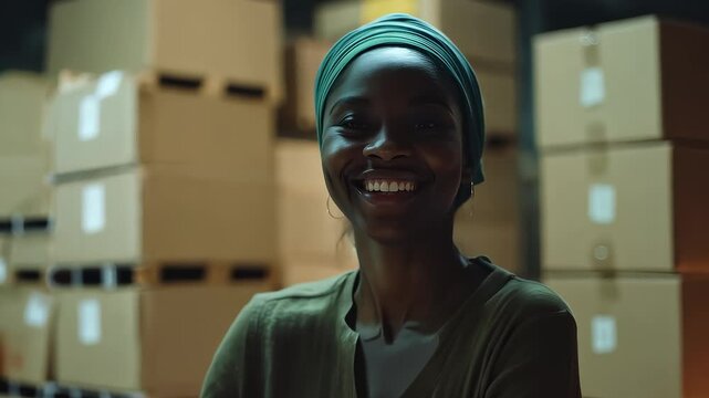 Happy Young Woman Working in Warehouse