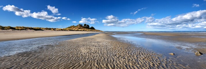 
 Close-up of smooth wet sand on a flat beach with soft, glossy texture.  
