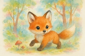 Enchanting watercolor illustration of playful fox kit exploring magical woodland with soft pastel tones