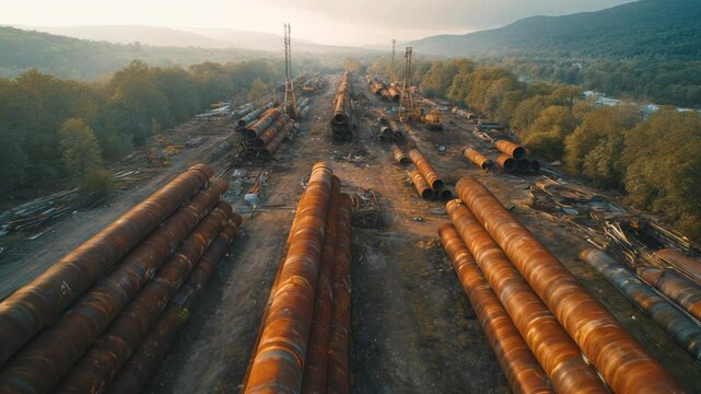 Large Rusted Steel Pipes Stored in an Outdoor Industrial Yard with Natural Lighting