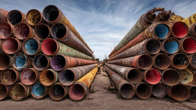 Stacked Industrial Pipes in an Outdoor Storage Yard with Overcast Sky