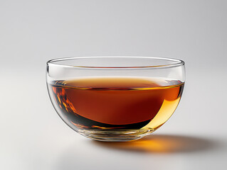 Clear glass bowl filled with amber liquid sits on smooth, light gray surface, reflecting light and creating warm, inviting atmosphere