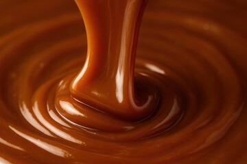 Luscious caramel sauce cascade with golden amber tones and glossy flowing texture for culinary photography