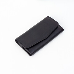 Black long leather wallet isolated on white background, perfect for leather products catalog design